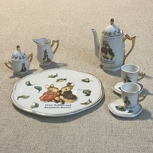 Beatrix Potter Peter Rabbit Benjamin Bunny 10 Piece Mini Tea Set Porcelain Gold